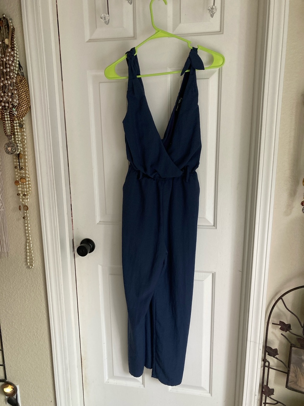 Sleeveless Navy V-Neck Tie-Shoulder Jumpsuit